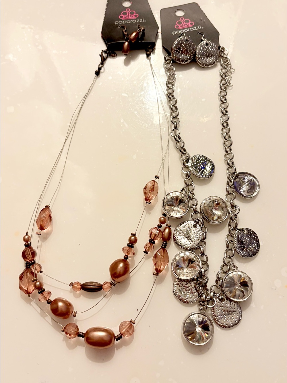 paparazzi Rose Gold Bead Layered Necklace & Silver Coin Charm Necklace Set 4pc